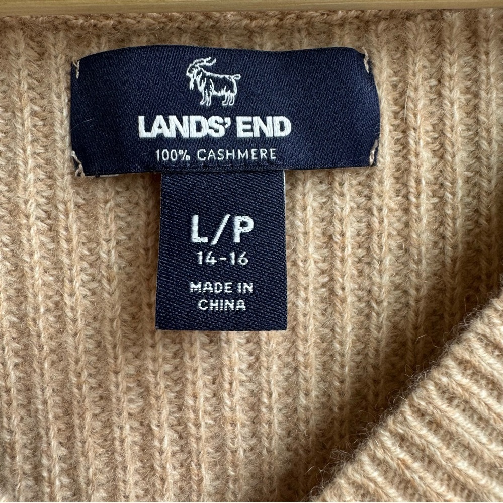 Lands’ End 100% Cashmere V-Neck Sweater Beige Tan Women’s Size L 14-16 - Picture 5 of 6